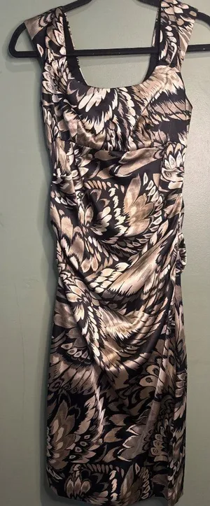 London Times Womens 6 Midi Dress Ruched Draped Abstract Feather Cocktail Y2K thumbnail 1