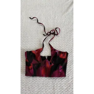 White Fox Red Purple Abstract Floral Mesh Halter Corset Crop Top XS thumbnail 2