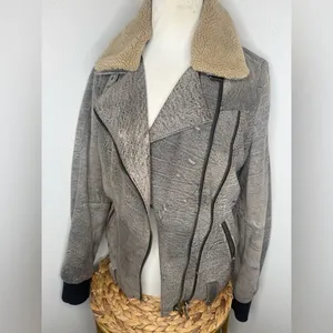 ASOS Gray Bomber Suede Leather Jacket Moto faux Sherpa Shearling Collar thumbnail 3