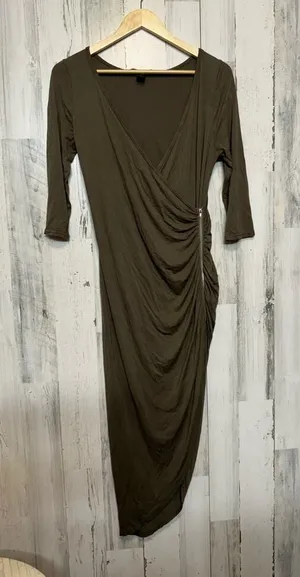 Hot Kiss Olive Green Draped Maxi Dress Ruched Side Long Sleeve Size XL thumbnail 1
