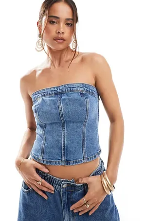 Abercrombie & Fitch NWT Strapless Denim Corset Top in Mid Wash Denim Size XS thumbnail 1