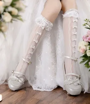 Retro Vintage Style Bow Accent Knee High Socks Flirty Ruffle Trim Soft Lace‎ thumbnail 1