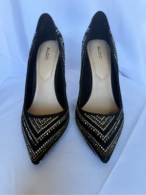 Aldo Lardonna Black Pointed Toe Stiletto Pumps Gold Silver Rhinestones Size 7 thumbnail 3