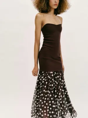 ZARA Strapless Brown Polka Dot Maxi Skirt Dress thumbnail 3