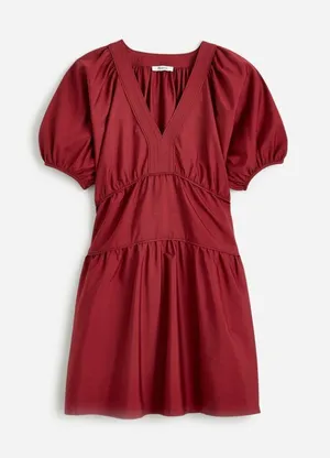 NWT Madewell Size Small Burgundy Puff-Sleeve Tiered Mini Dress in Poplin NEW thumbnail 1