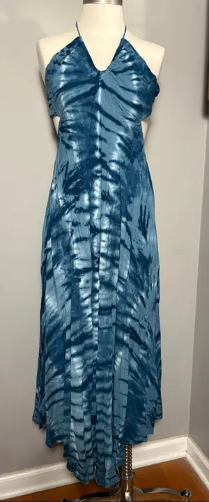 Tiare Hawaii Small Medium Blue Tie-Dye Halter Maxi Dress thumbnail 1