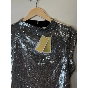 Michael Kors Sequin Dress Womens Size M Silver Ruched Mock Neck Cocktail Party thumbnail 6
