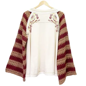 Free People Festival Ready Tee Crochet Sleeve Cream & Rust Knit Top Size Large thumbnail 3