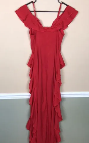 PrettyLittleThing Women’s Red Ruffle Off the Shoulder Leg Slits Maxi Dress thumbnail 5