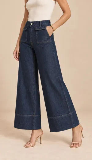Zara Y2K Dark Wash High Rise Palazzo Wide Leg Patch Pocket Jeans 26” Inseam Crop thumbnail 1