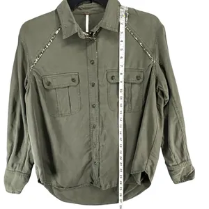 Free People Off Campus Shirt Womens XS Moss‎ Green Tencel Metallic Boho Utility thumbnail 9