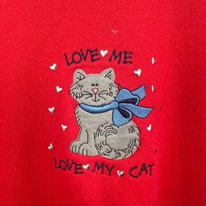 Vintage Embroidered Cat Lady Love My Cat Double Collar Red Blue Sweatshirt Large thumbnail 4