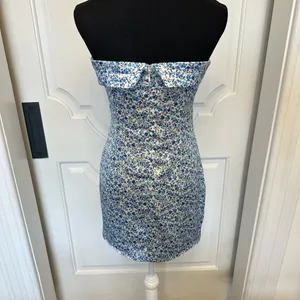 Altar’d State Floral Blue Strapless Dress Notch Slit Mini NWOT thumbnail 6