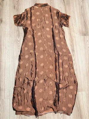 Vintage Cheongsam Qipao Maxi Dress Brown Gold Shou Medallion Frog Button M thumbnail 2