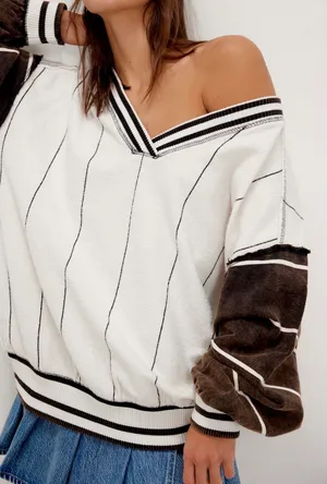 Free People We The Free Time Out Pullover Ivory Brown Oversized Sweatshirt Size L NWT thumbnail 1