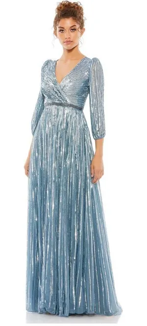 Mac Duggal Size 4 Blue Sequin Wrap Over 3/4 Sleeve Maxi Dress Gown thumbnail 1