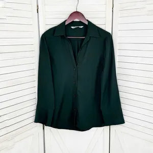 Zara V Neck Button Front Shirt Blouse‎ Dark Green Small Long Sleeve thumbnail 7