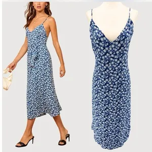 Reformation Dietrich Blue Floral Crepe Midi Dress Sz 4 thumbnail 2