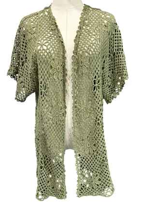 WoWo Boho Crochet Daisy Flower Open Weave Knit Top Hippie Green Size L Festival thumbnail 1