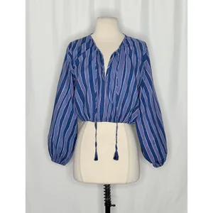 NATALIE MARTIN Amelia Top Batik Stripe Navy Cotton Tassel Tie Blouse Top Small thumbnail 2