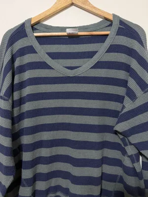 Aerie OFFLINE Wow Oversized Waffle Thermal Top Size Large Striped Green Blue thumbnail 4