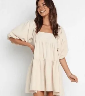 SNDYS x Revolve | Women's Beige Linen Blend Puff Sleeve Tier Babydoll Dress, XS thumbnail 1