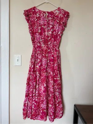 HAYDEN LA Tropical Floral Smocked Ruffled Midi Tank Dress Pink Sz Large thumbnail 11