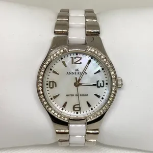 Anne Klein Women watch silver white tone rhinestones 33mm quartz 6” running thumbnail 1