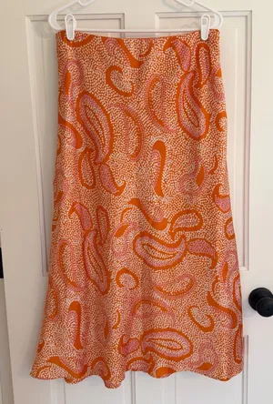 1.STATE Orange Pink Paisley Print Satin Midi Skirt Lined‎ Size 12 thumbnail 1