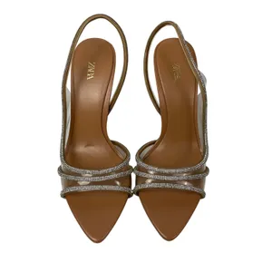 Zara Brown Embellished Rhinestones Pointed Toe Kitten Heels Slingback Sandals 37 thumbnail 2