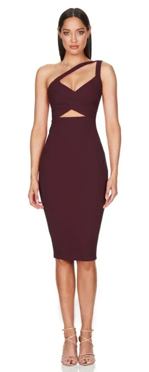 NWT Nookie XS Coco Midi Muscat Plum Cut Out One Shoulder Bodycon Cocktail Dress thumbnail 1