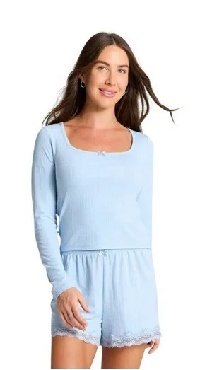 NWT Auden Womens Variegated Ribbed Long Sleeve Pajama Top 94645637 Light Blue S thumbnail 1