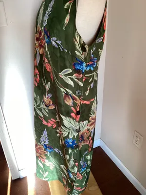 Vintage White Stag Olive Green Floral Sleeveless Midi Dress with Side Buttons Si thumbnail 3