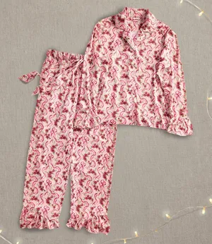 LoveShackFancy Fête de L'eau Ruffle Long Sleeve Pants Pajama Set PJs Floral NEW thumbnail 1