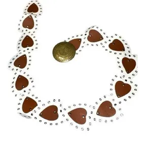 Classic White /brown Women's belt with heart shaped design and brass like buckle thumbnail 1