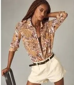Pilcro Women Button Down Large Orange Floral Paisley Long Sleeve Boho Top thumbnail 1