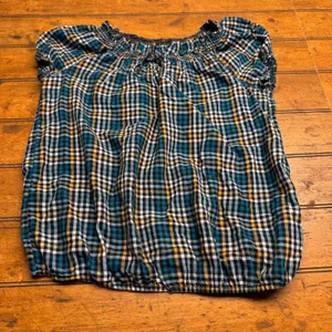 Womens Plaid Smocked Off Shoulder Top Teal Yellow White Black Short‎ Sleeve thumbnail 4