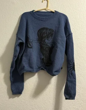 Japanese Anime Cartoon Print Loose O-Neck Pullover XL Vintage Casual Long thumbnail 1