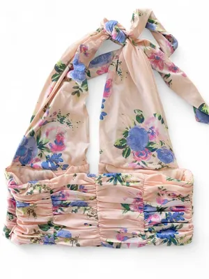 Zara Floral Halter Crop Top Pastel Peach Pink Ruched XS thumbnail 3