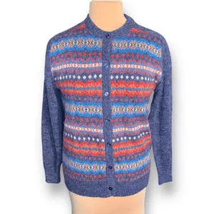Vintage Fair‎ Isle Cardigan Sweater Navy Red Nordic Preppy Medium Heritage Knit thumbnail 3