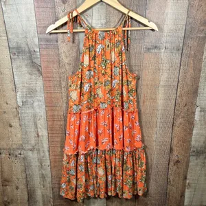 Chelsea & Violet Orange Mixed Floral Tie Shoulder Tiered Mini Dress Medium thumbnail 7