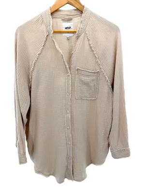 Aerie Gauze Button Up Shirt Beige Frayed Collar Long Sleeve Casual Oversized XXS thumbnail 1