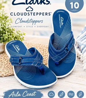 Clarks Navy Adjustable thong sandals flat cloudsteppers comfortable size 10 thumbnail 1
