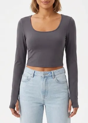 HM Divided Womens Charcoal Gray Scoop Neck Long Sleeve Crop Top Thumbholes L thumbnail 1