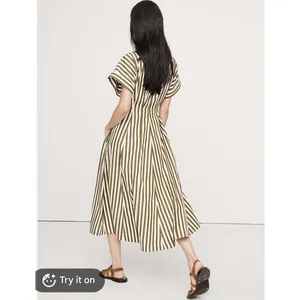 Banana Republic $180 Striped Poplin Shirt Dress V-Neck Pockets Olive/White 4 thumbnail 2