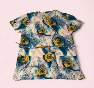 Floral Short Sleeve Wrap-Style Scrub Top in Blue & Yellow with pink ribbons thumbnail 1