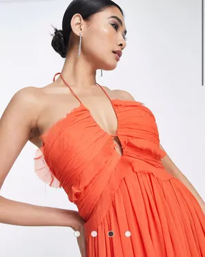 ASOS NWT DESIGN halter neck key hole detail tiered maxi dress in orange thumbnail 2