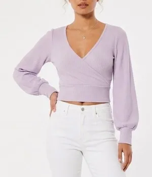 Hollister Faux Wrap Crop Top Womens L Purple Stretch V Neck Long Sleeve Ribbed thumbnail 1