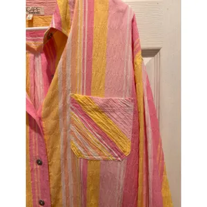 Escape by Habitat Clothes Pink Yellow Striped Seersucker Button‎ Up Shirt Large thumbnail 3