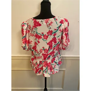 CeCe White Blouse with Pink Floral Tie-Neck Pearl Accent Peasant Top Coquette thumbnail 2